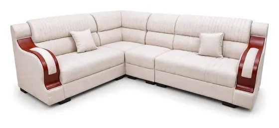 L-Shaped Sofa, Ivory with Wooden Arm Accents