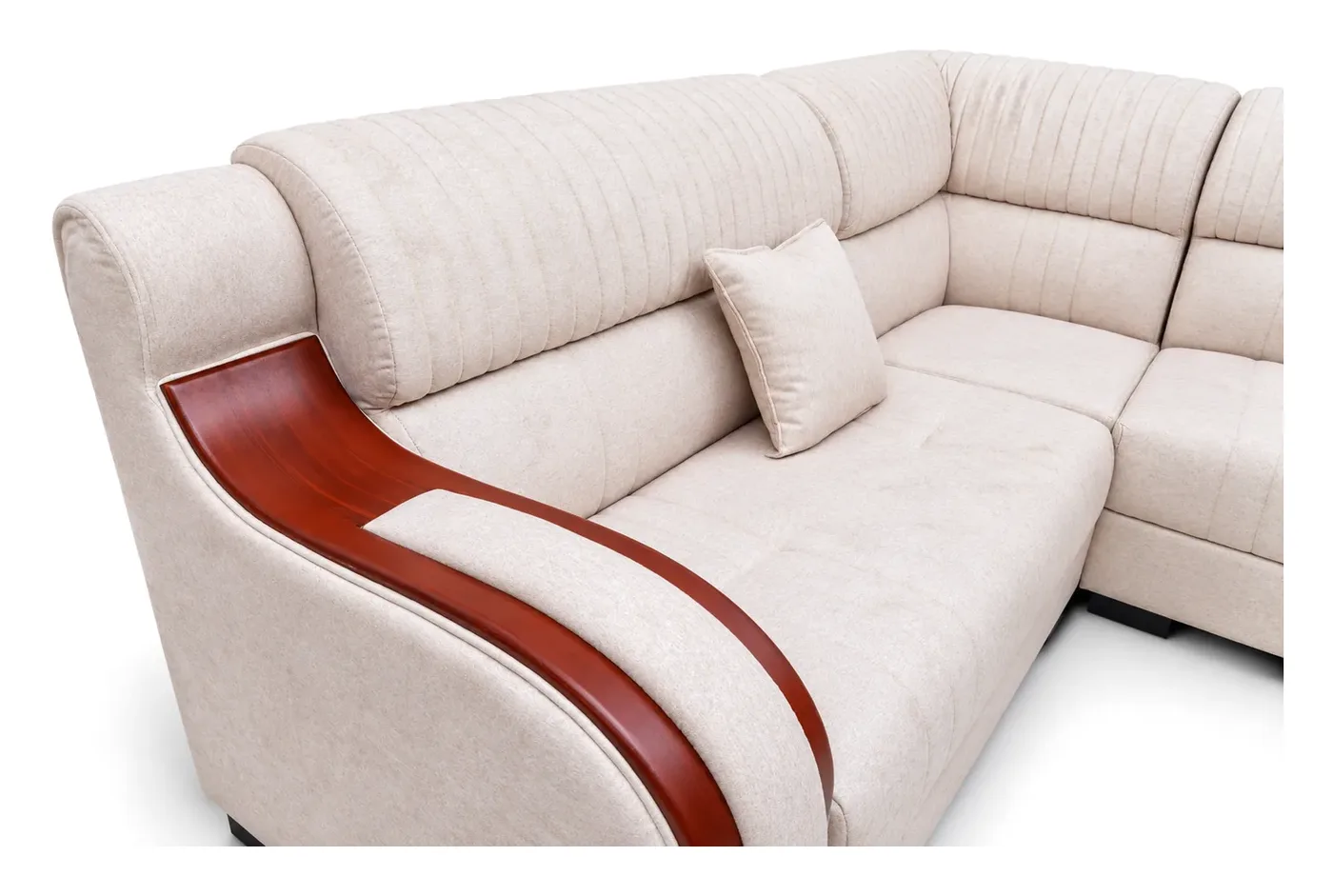 L-Shaped Sofa, Ivory with Wooden Arm Accents, photo 2