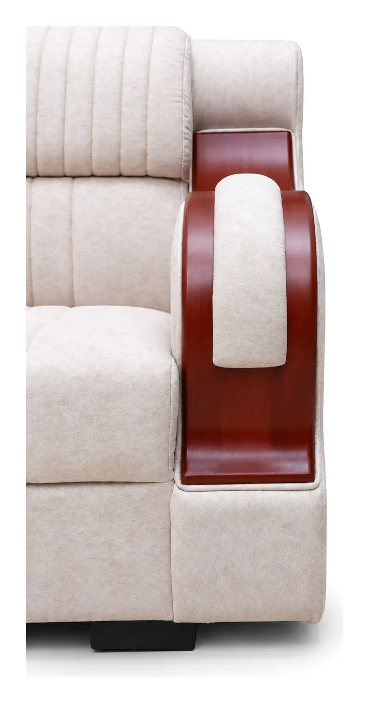 L-Shaped Sofa, Ivory with Wooden Arm Accents, photo 4