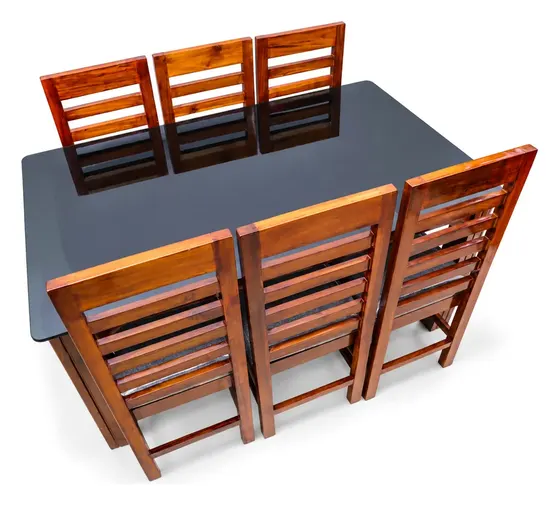 6-Seater Dining Set, Black Glass, Silver Seats