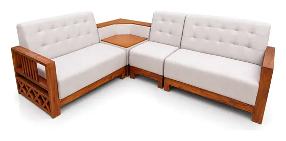 L-Shaped Sofa, White Tufted, Wooden Frame