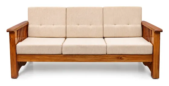 3-Seater Wooden Sofa, Cream, Slatted Arms
