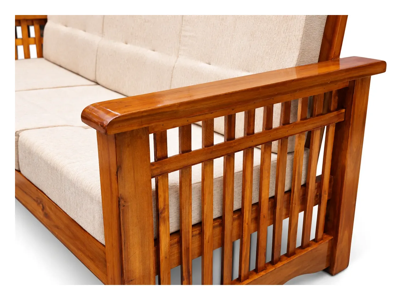 3-Seater Wooden Sofa, Cream, Slatted Arms, photo 4