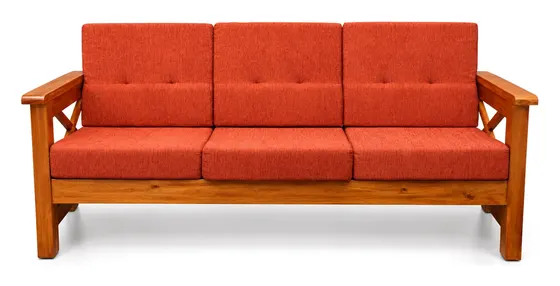 3-Seater Wooden Sofa, Orange, Cross-Design Arms