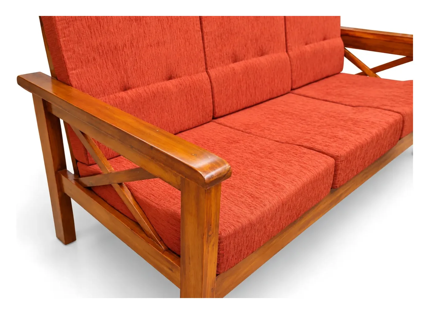 3-Seater Wooden Sofa, Orange, Cross-Design Arms, photo 2