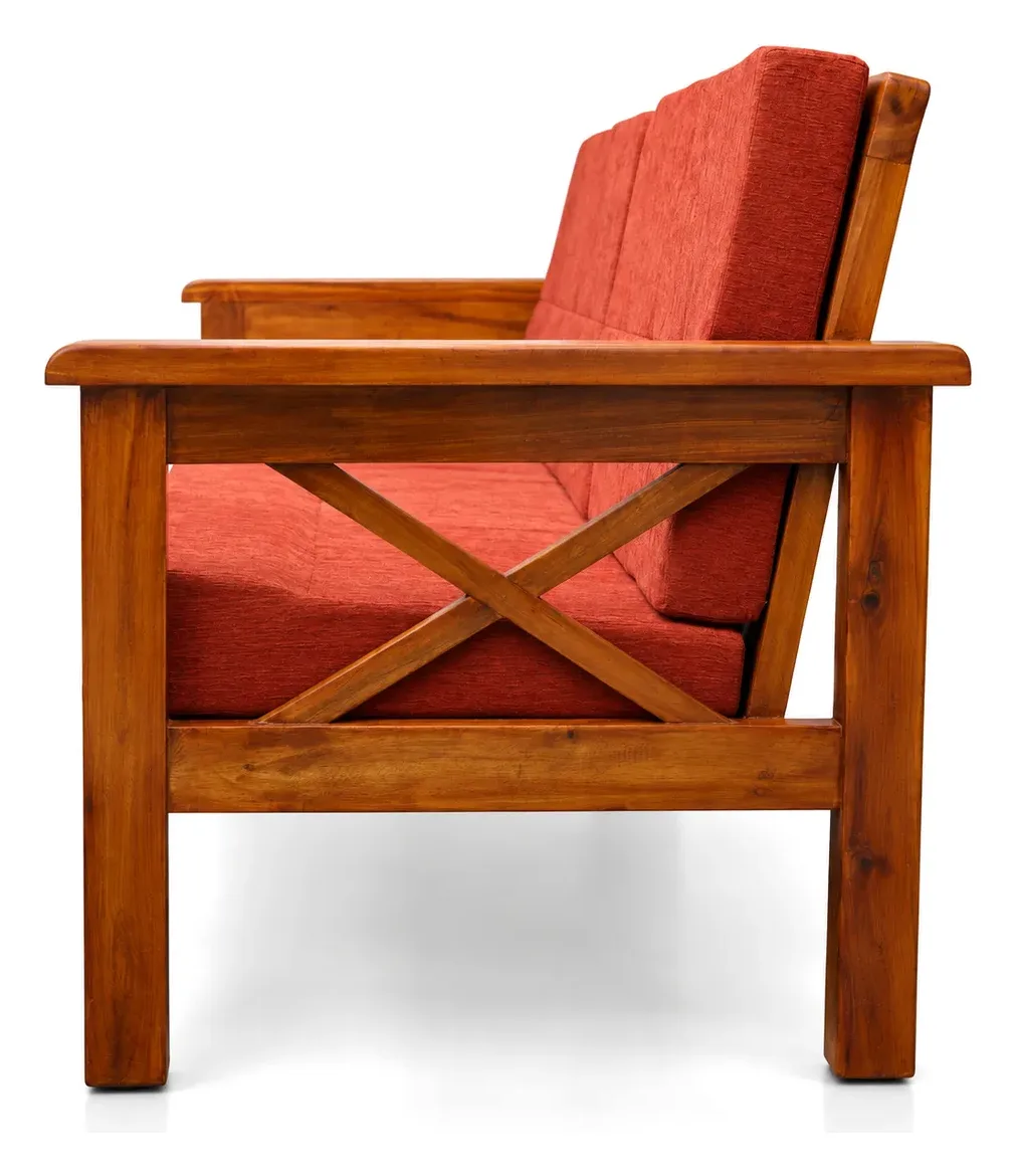 3-Seater Wooden Sofa, Orange, Cross-Design Arms, photo 3