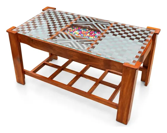 Centre Table, Checkered Glass with Pebble Centre