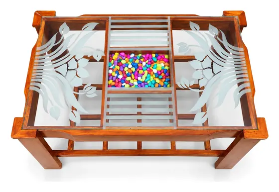 Centre Table, Frosted Floral Glass with Pebbles
