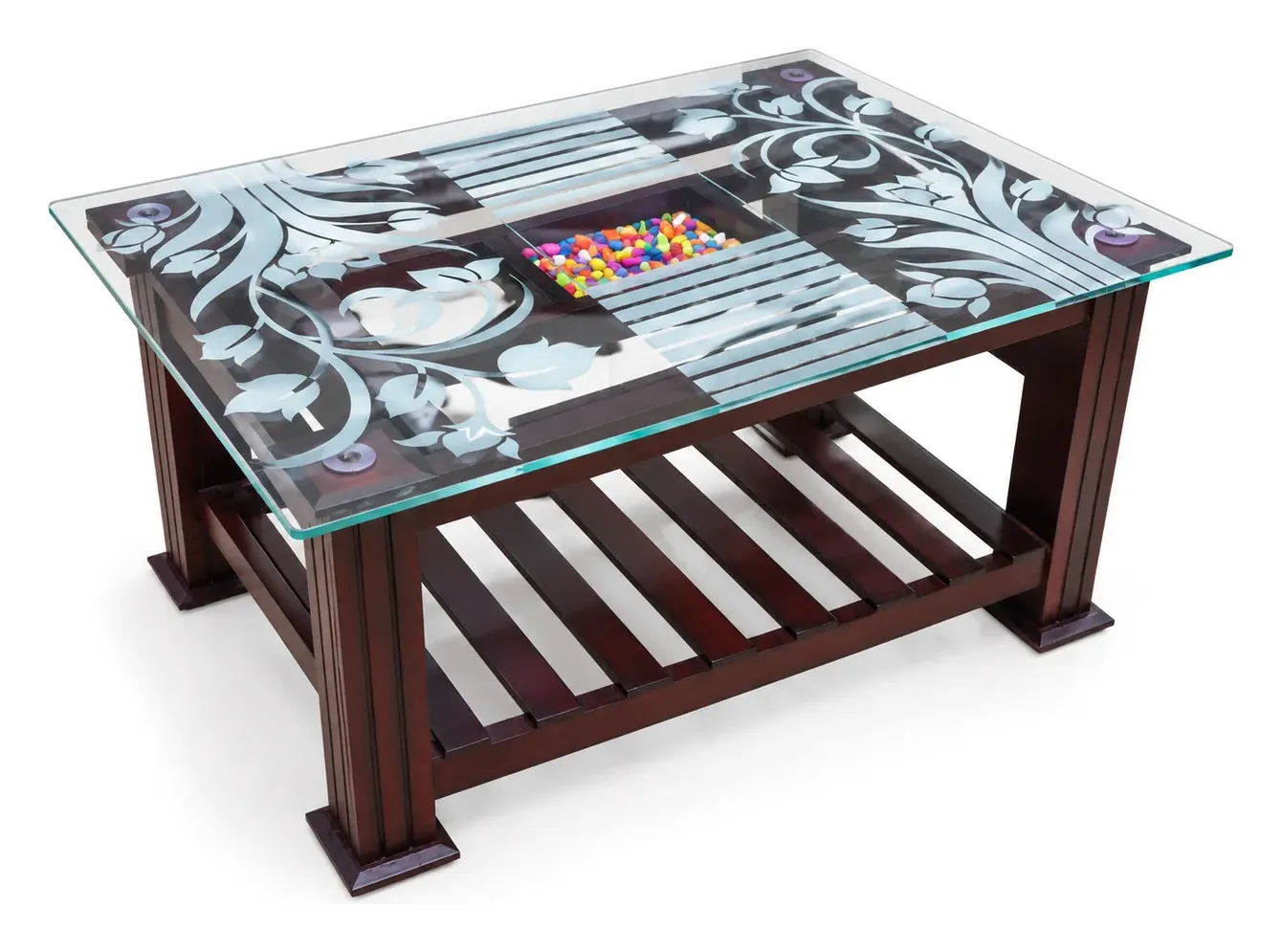 Centre Table, Dark Wood, Frosted Floral Glass, photo 2