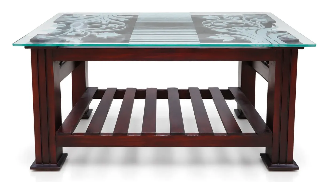 Centre Table, Dark Wood, Frosted Floral Glass, photo 4
